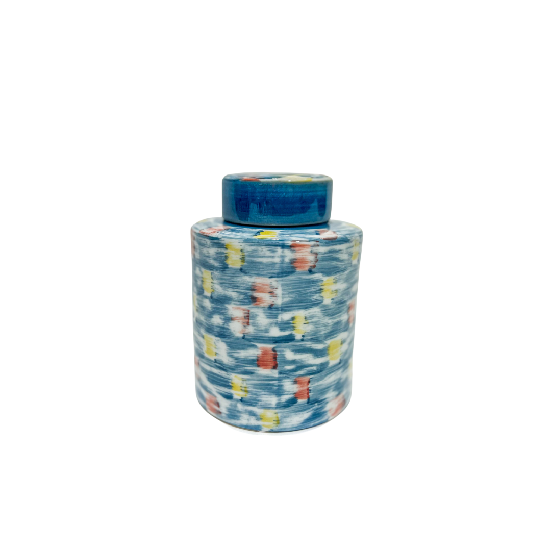 Short Brushed Blue Ceramic Jar