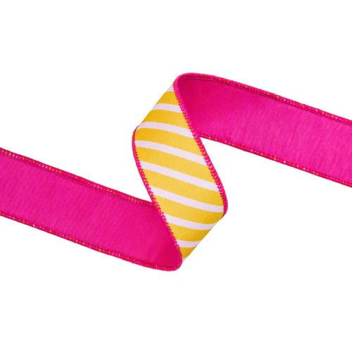 1 1/2" Yellow Stripe w/ Pink Backing Wired Ribbon - Perch