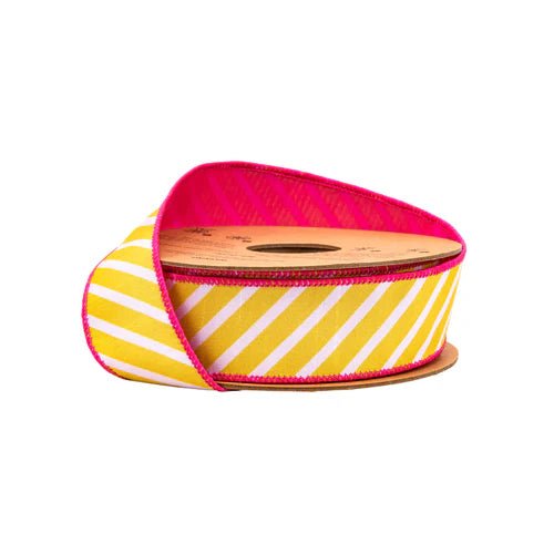 1 1/2" Yellow Stripe w/ Pink Backing Wired Ribbon - Perch