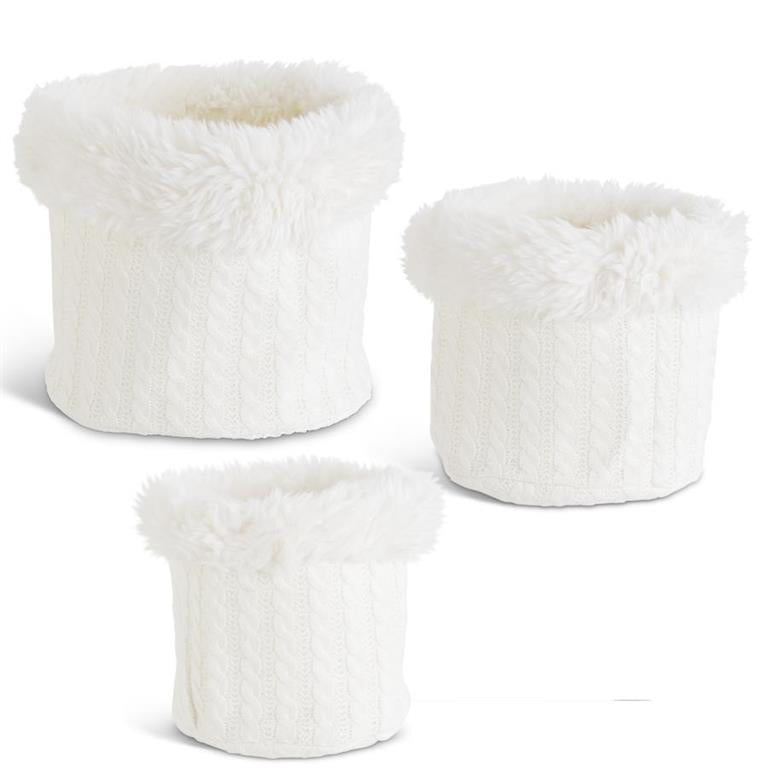 S/3 Cable Knit Baskets W/Faux Fur Rim
