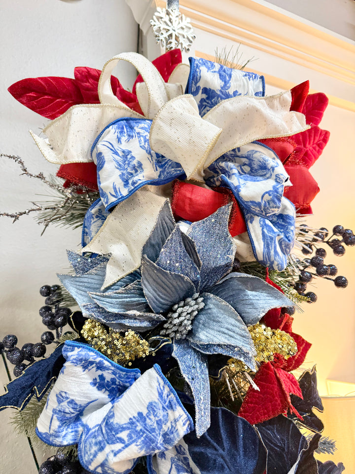 Blue Toile + Dark Red Poinsettia Swag