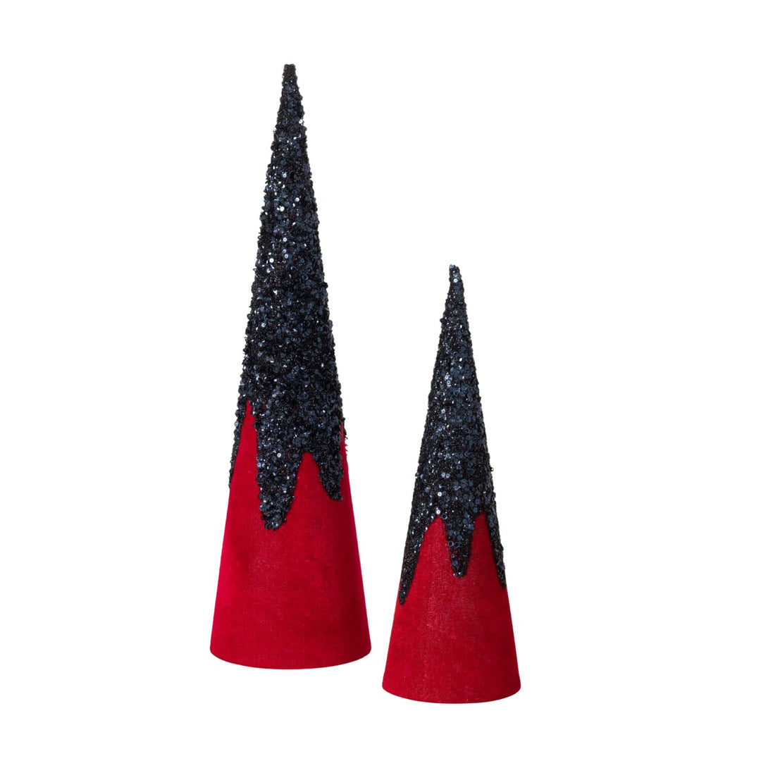 Red and Black Glitter Velvet Cone Tree Set