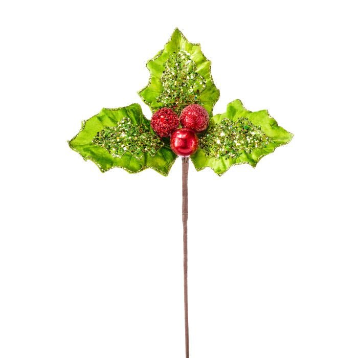 Apple Green Glitter Holly Berry Stem - Perch