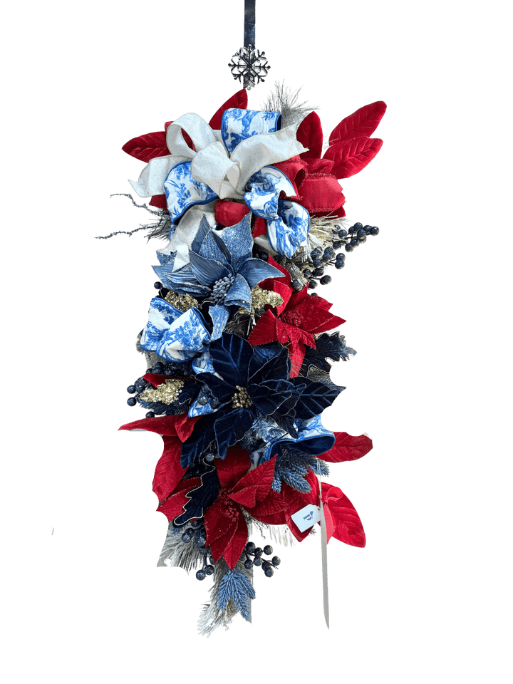 Blue Toile + Dark Red Poinsettia Swag - Perch
