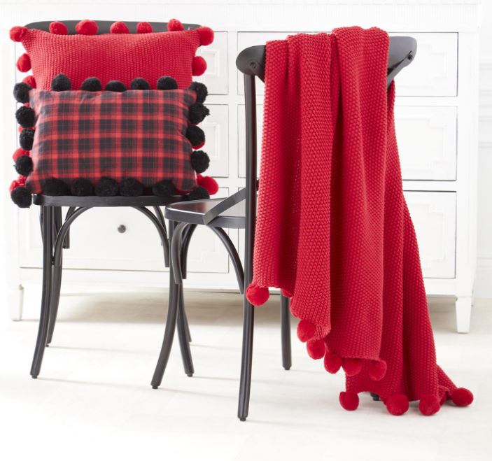 Moss Stitch Red Pompom Throw - #Perch#