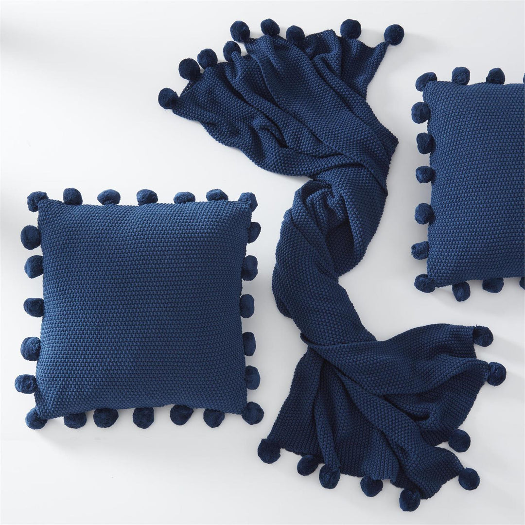Navy Pompom Knit Throw Blanket - Perch