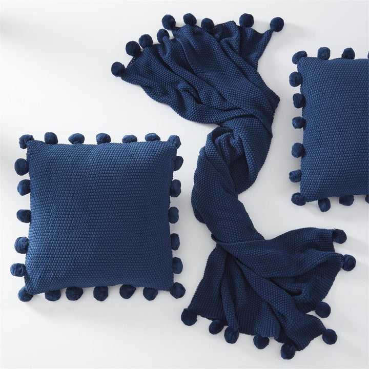 Navy Pompom Knit Throw Blanket - Perch