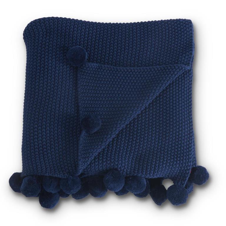 Navy Pompom Knit Throw Blanket - Perch