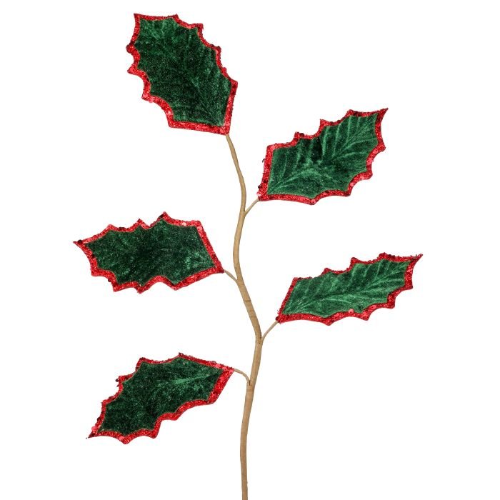 Sequin Velvet Holly Leaf Spray - Perch