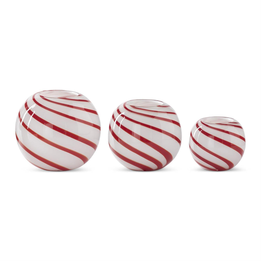 Set of 3 Red & White Swirl Stripe Round Blown Glass Bowls - Perch