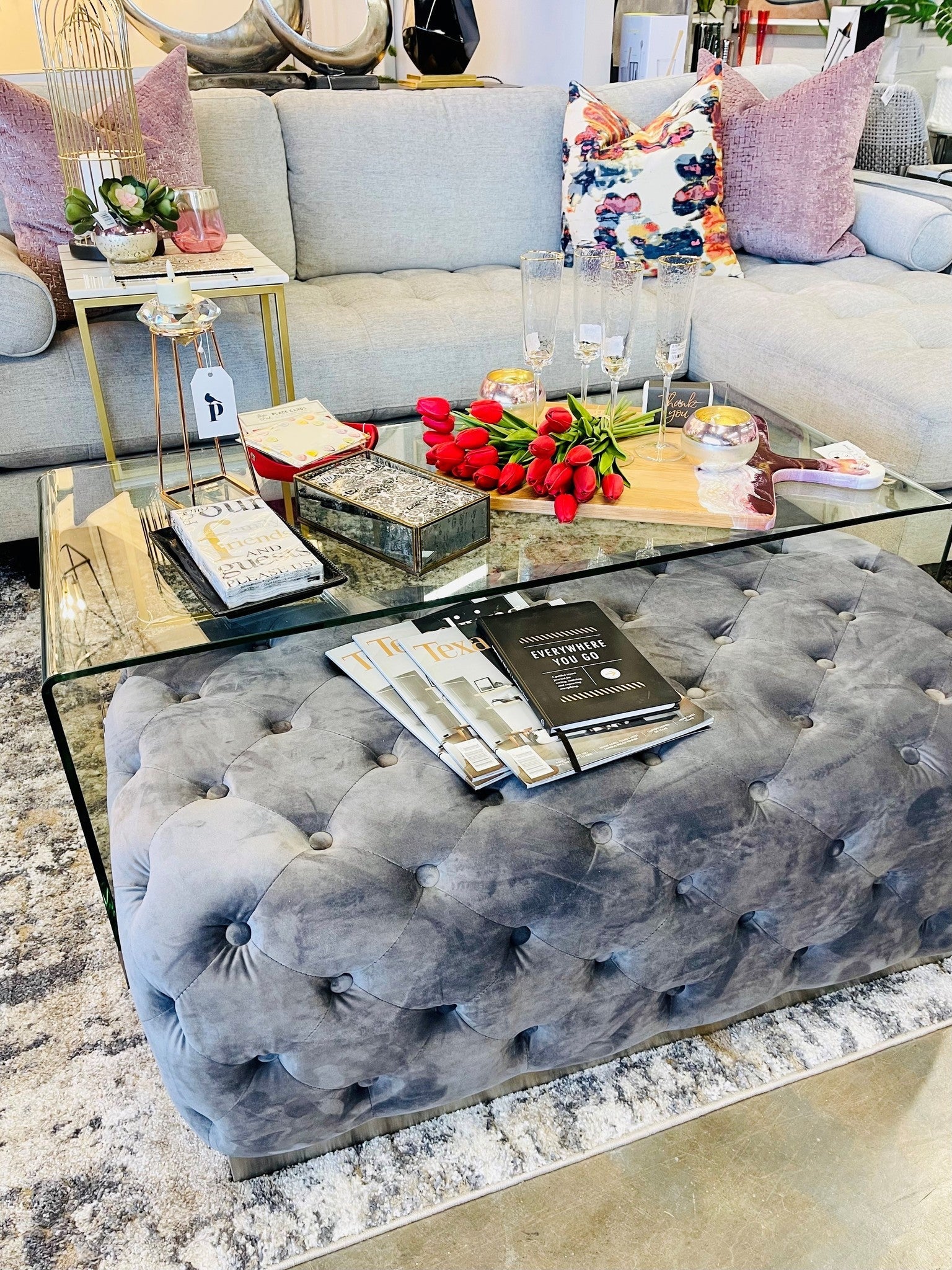 Glass Coffee Table Velvet Ottoman Set Of 2
