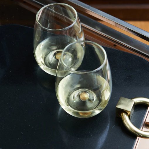 Golden Globe Blue Rim Stemless Wine Glasses - #Perch#