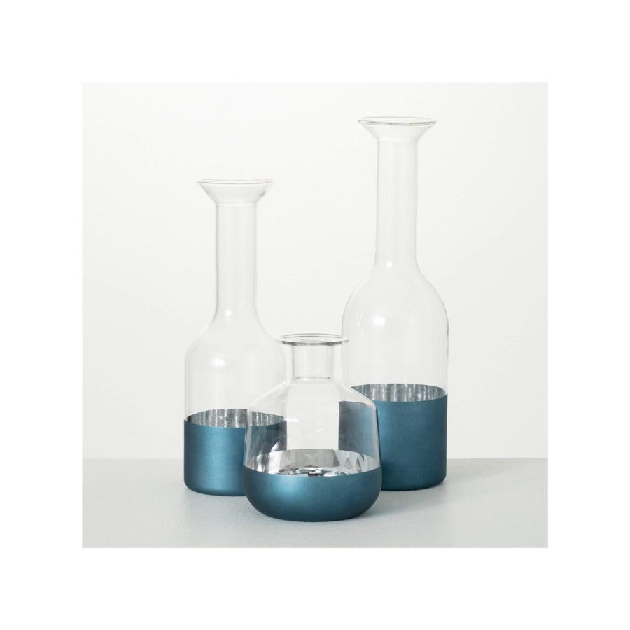 Metallic Blue Glass Bottle - Set Of 3 - #Perch#