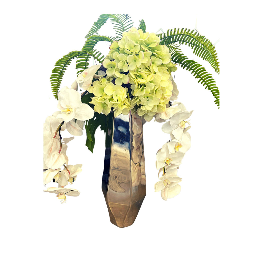 Pewter Vase W/Orchids, Ferns, Hydrangeas B - #Perch#