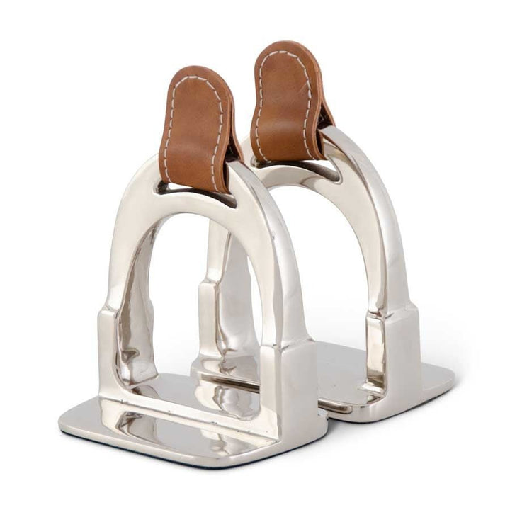 Silver Stirrup Bookends with Brown Leather Straps - #Perch#