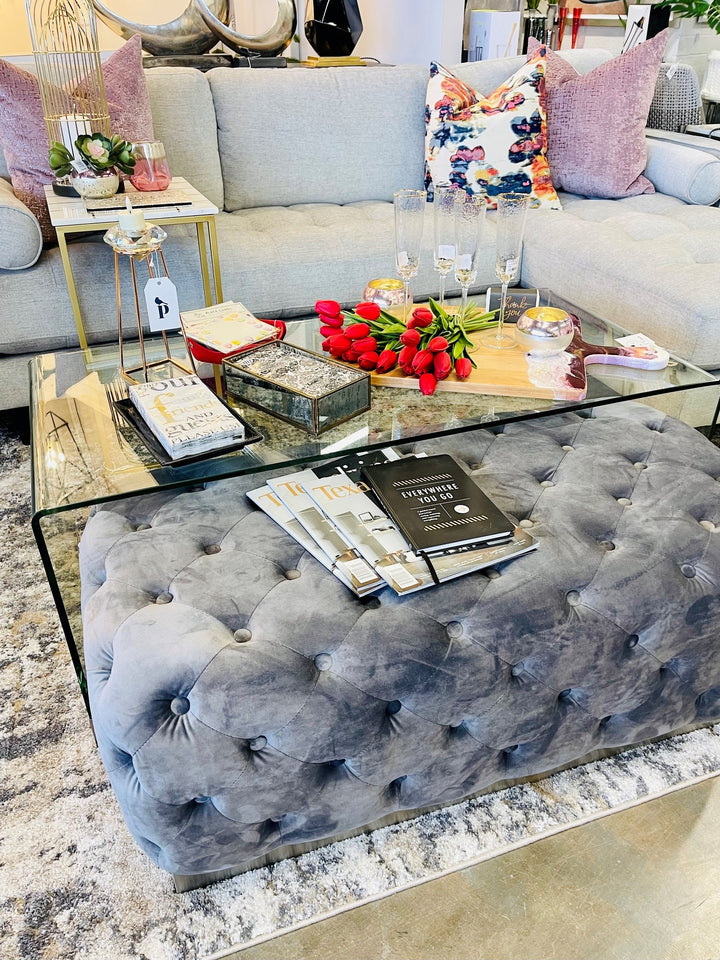 Glass Coffee Table & Velvet Ottoman, Set Of 2